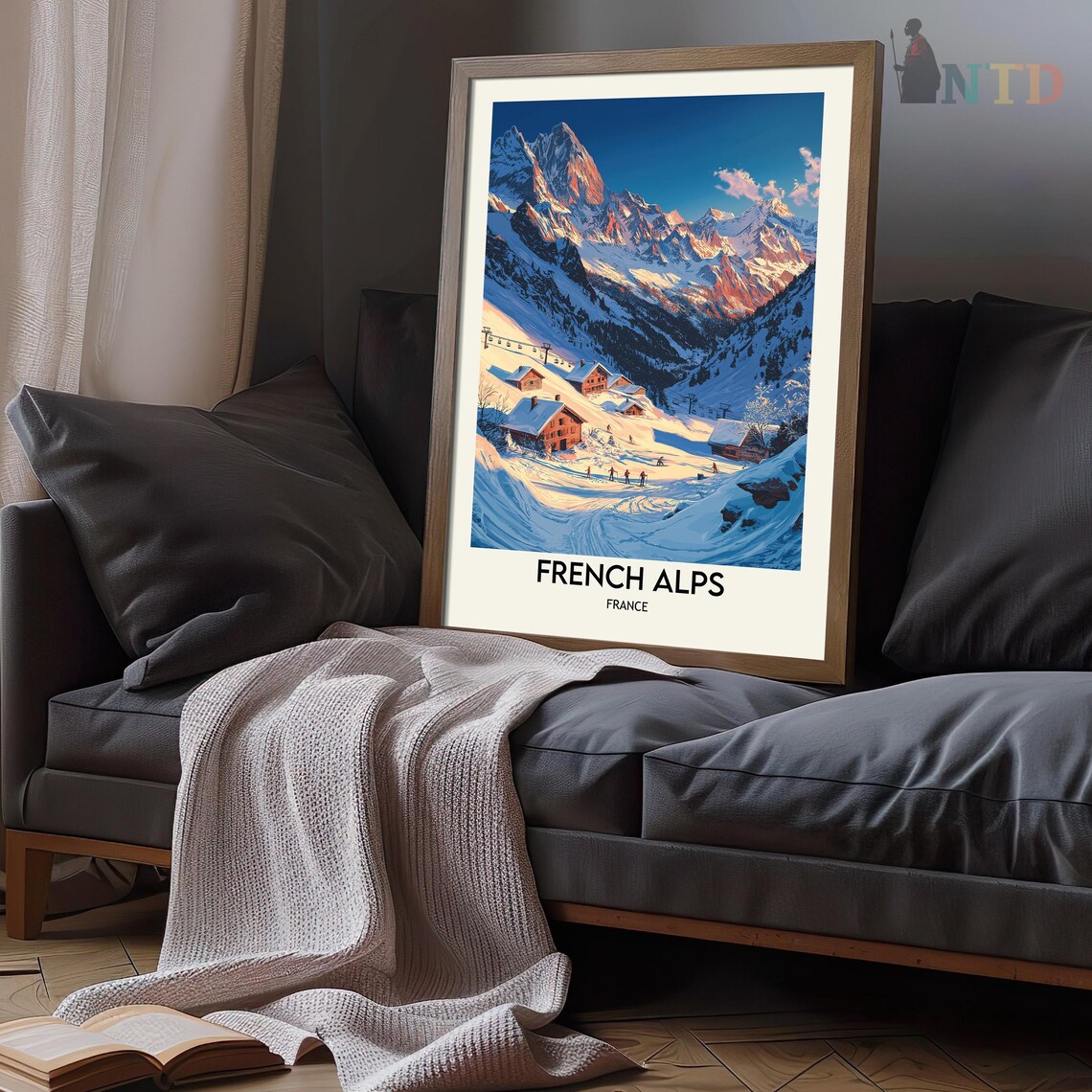 French Alps France Snowy Chalet Village Peak Vintage Travel Poster - Image 3