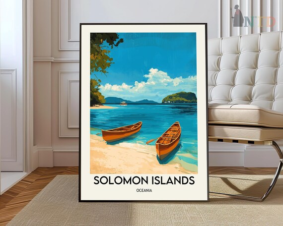 Solomon Islands Tropical Beach Canoes Retro Island Escape Travel Poster