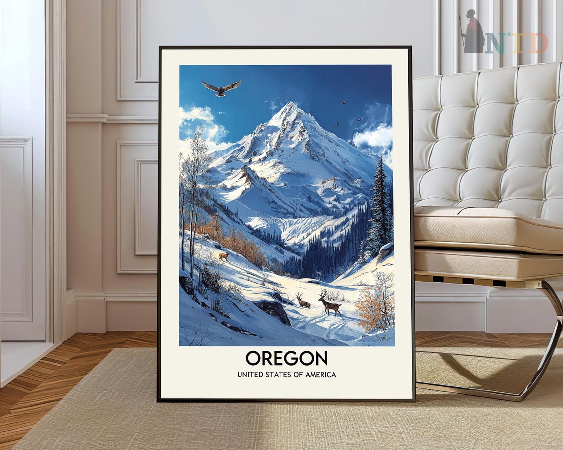 Oregon Winter Snowy Peak Deer Eagle Mountain Wilderness Travel Poster
