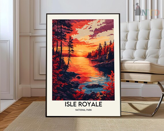 Isle Royale National Park Fiery Sunset Lake Landscape Poster