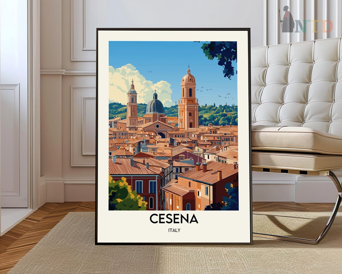 Cesena Italy Travel Poster Red Rooftops Cathedral Towers Old Town