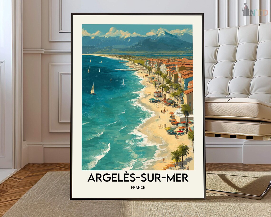 Argeles Sur Mer France Beach Umbrellas Sailboats Vintage Poster