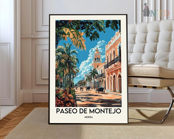 Paseo de Montejo Merida Mexico Colonial Avenue Vintage Travel Poster