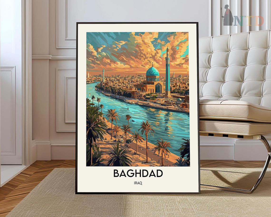 Golden Sunset Over the Tigris River Baghdad Iraq Travel Poster