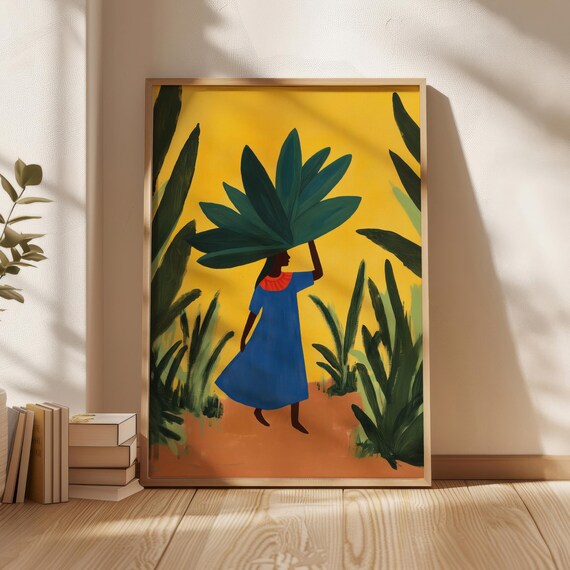 African Woman Carrying Leaves Vibrant Yellow Folk Art Poster
