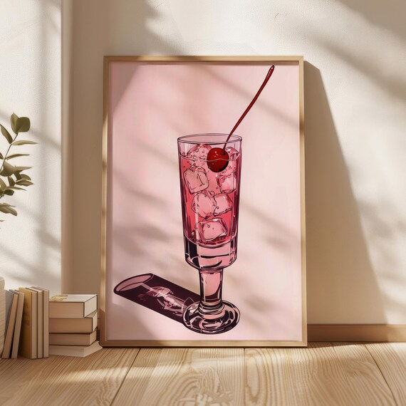 Cherry Cocktail Illustration Pink Retro Drink Bar Art Poster