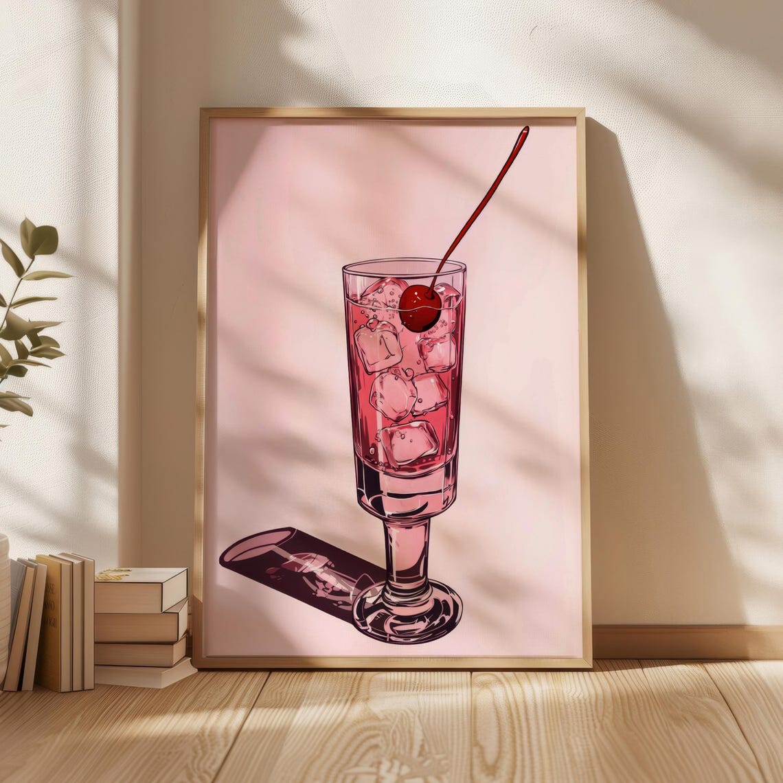 Cherry Cocktail Illustration Pink Retro Drink Bar Art Poster