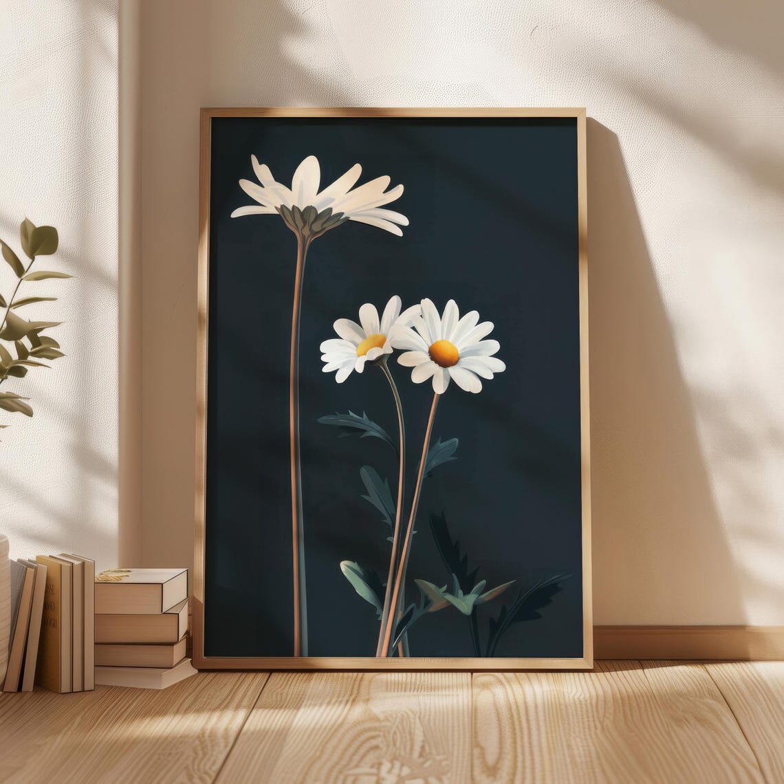 White Daisies On Dark Navy Background Botanical Floral Wall Poster