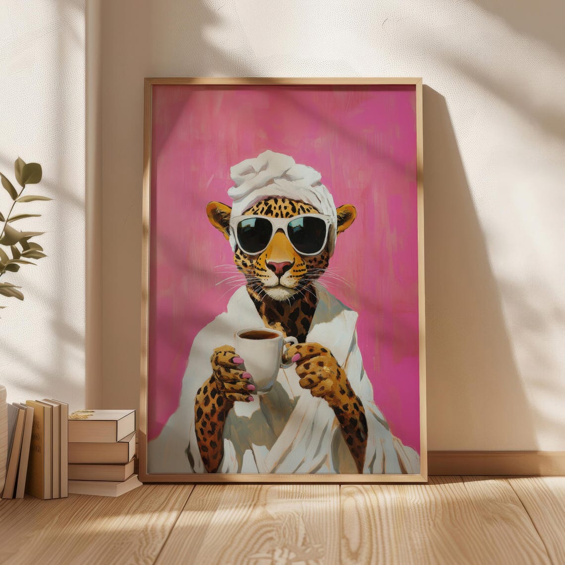 Funny Lady Leopard with Pink Nails Poster Sipping Coffee on Pink