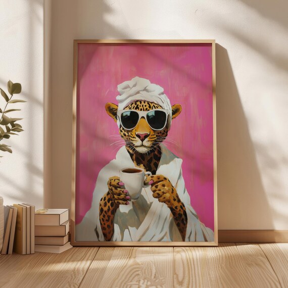 Lady Leopard End Poster Coffee Wall Art Prints Pink Theme Design Bathroom Decor Bathrobe