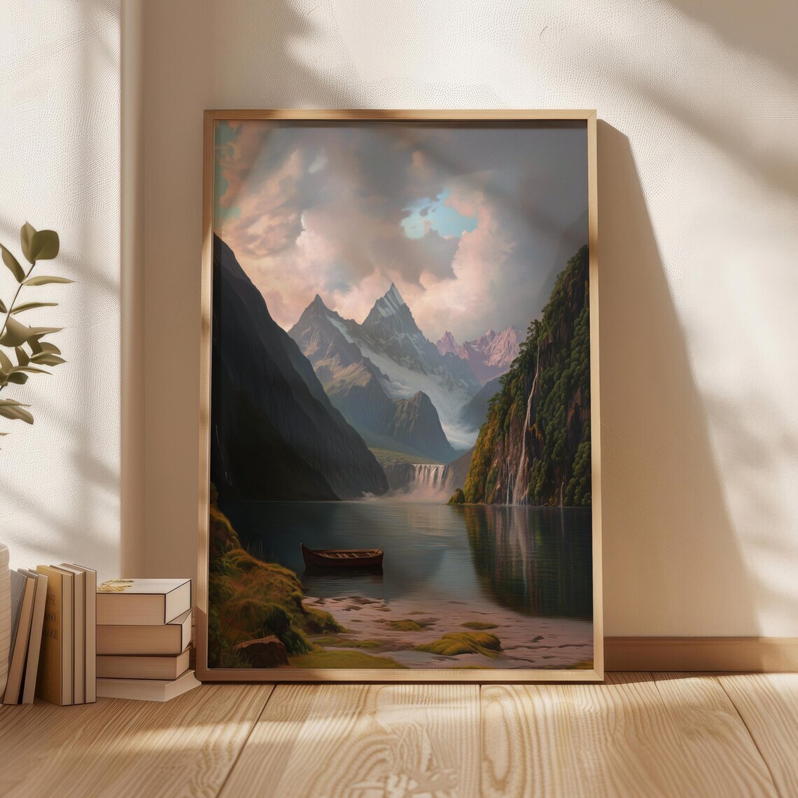 New Zealand Alpine Lake With Canoe Oil Painting Style Poster