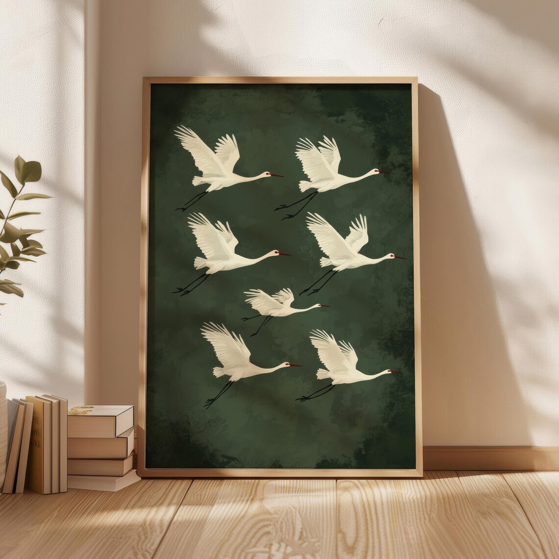 Flock of White Cranes Flying Japanese Style Dark Green Art Poster