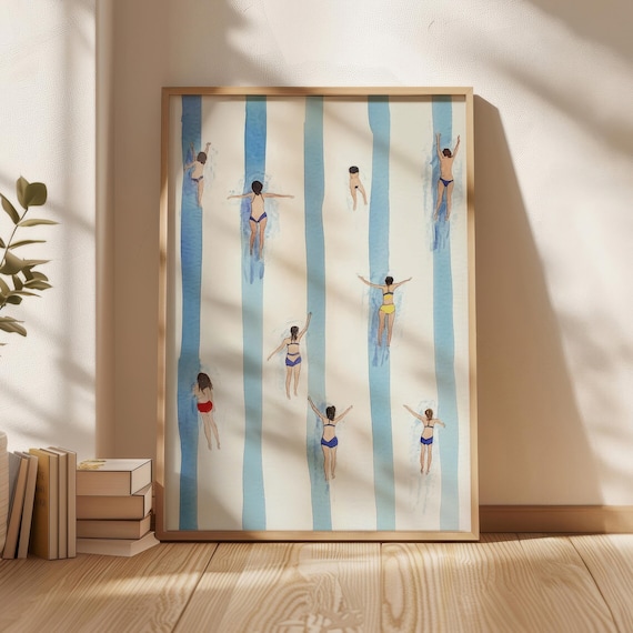 Aerial View of Women Swimmers in Blue Lanes Minimalist Pool Art Poster