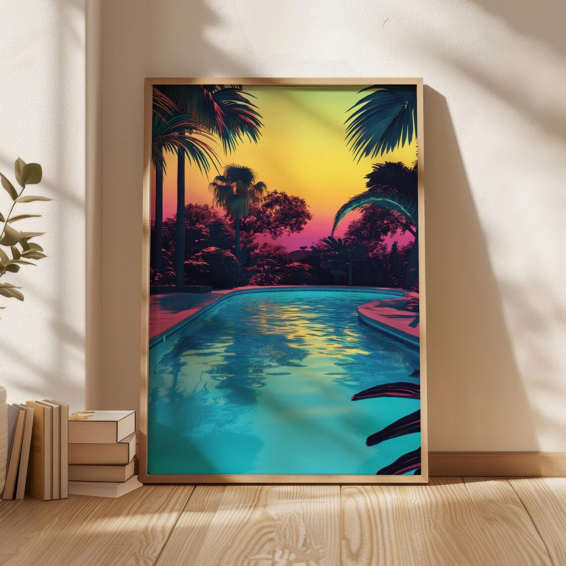 Neon Swimming Pool At Sunset With Palm Trees Retro Style Poster