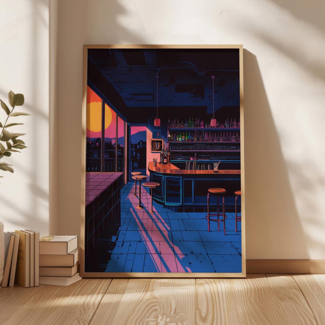 Neon Bar Interior Sunset Bottles Retro City Night Moody Wall Poster