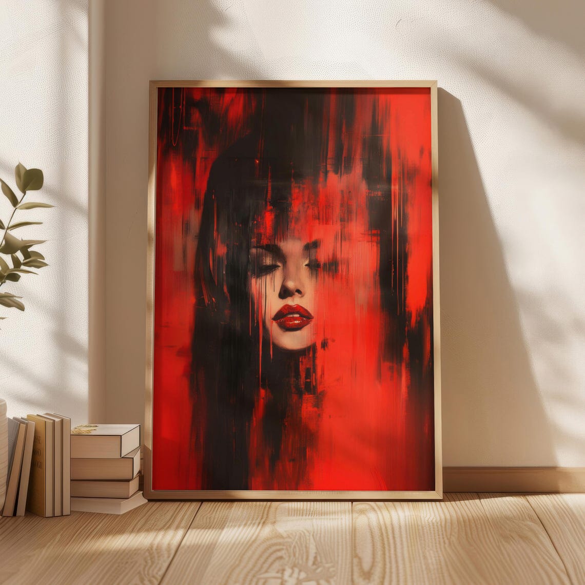 Bold Red Black Abstract Woman Face Dramatic Modern Art Poster
