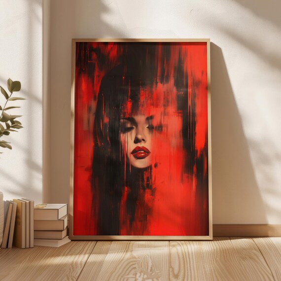 Bold Red Black Abstract Woman Face Dramatic Modern Art Poster