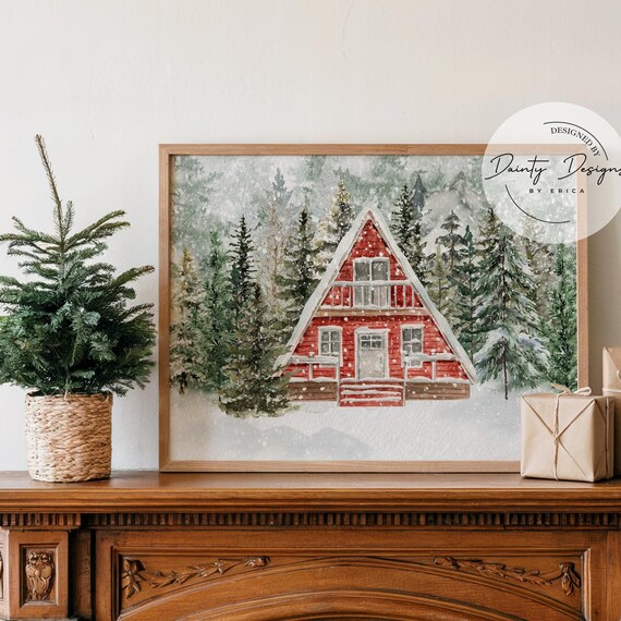 Snowy Winter Cabin Watercolor Print Red A Frame Forest Scene Decor