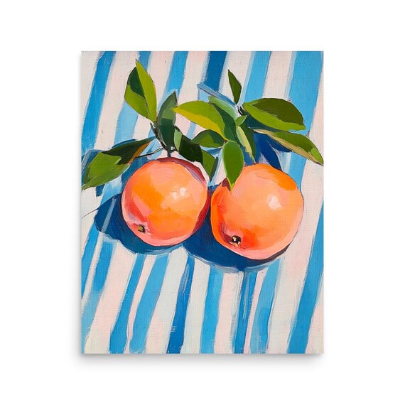 Two Ripe Oranges On Striped Cloth Vibrant Still Life Art Poster