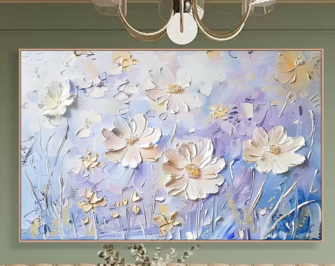 White Cosmos Flowers On Lavender Blue Impasto Texture Poster