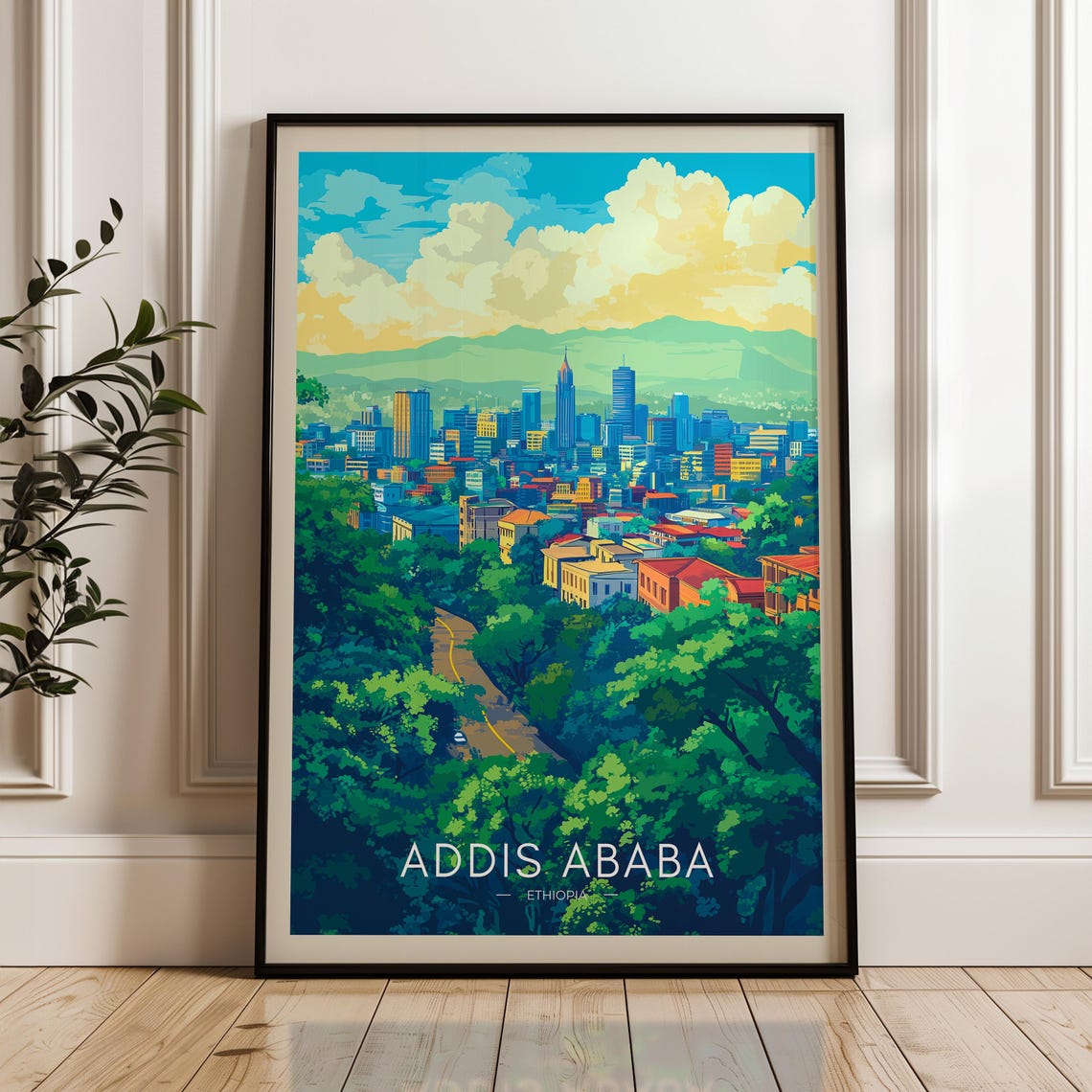 Addis Ababa Ethiopia City Skyline Surrounded Green Hills Poster