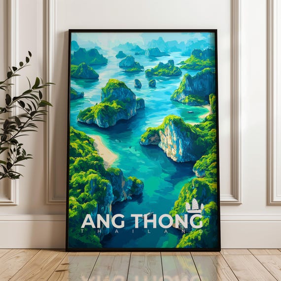 Ang Thong Travel Poster, Thailand Tropical Illustration