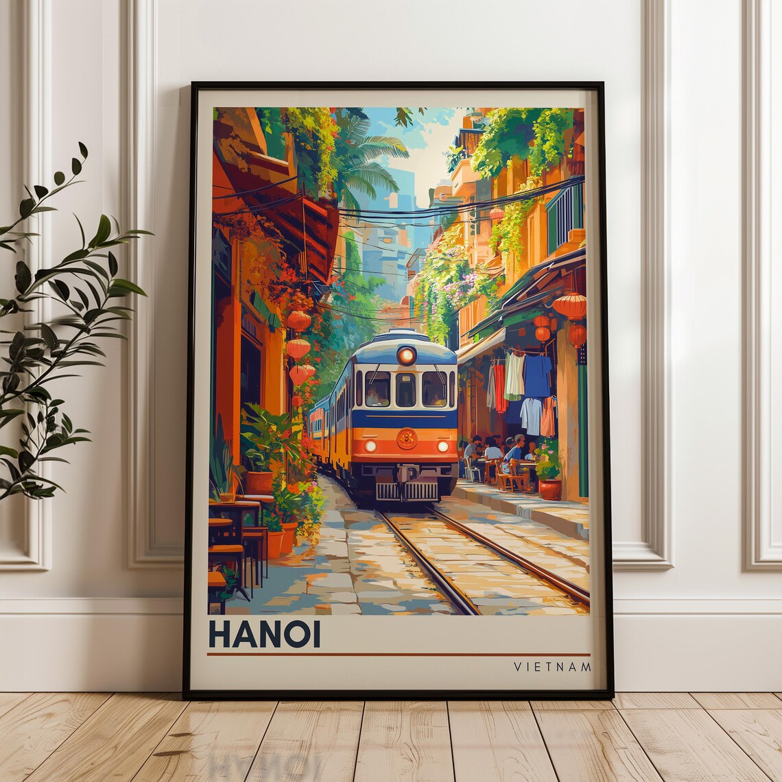 Hanoi Travel Poster, Vietnam Train Street Illustration
