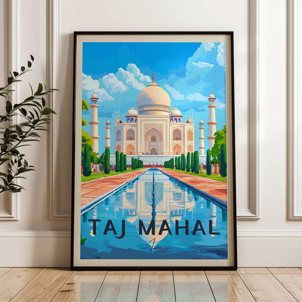 Taj Mahal India Marble Dome Reflection Pool Blue Sky Travel Poster