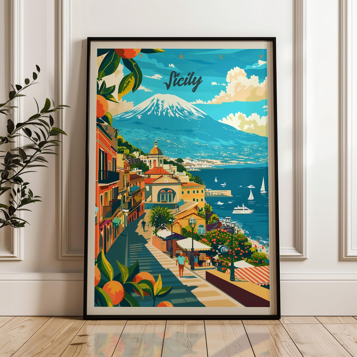 Sicily Travel Poster, Italy Volcano Illustration