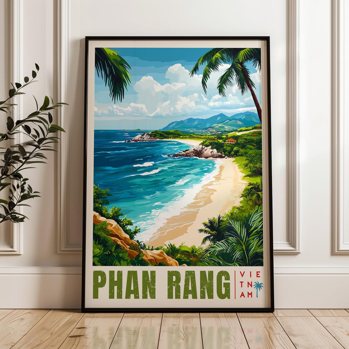 Phan Rang Tropical Beach Cove with Palm Trees Vietnam Travel Poster