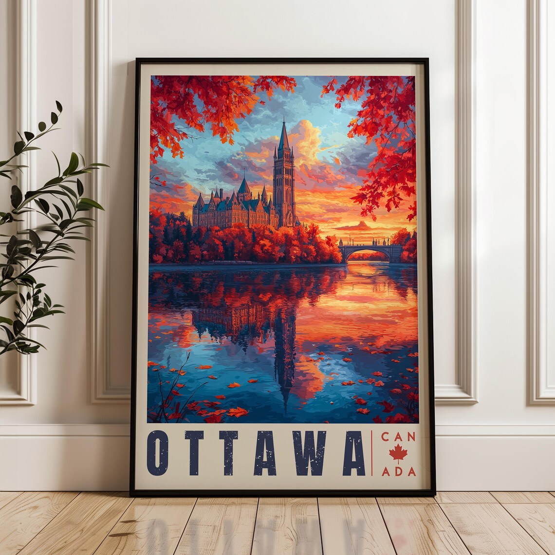 Ottawa Canada Parliament Hill Autumn Sunset Vintage Travel Poster