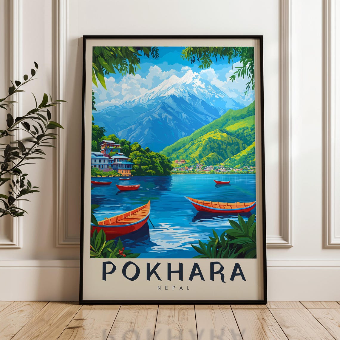 Pokhara Nepal Annapurna Phewa Lake Rowboats Scene Travel Poster