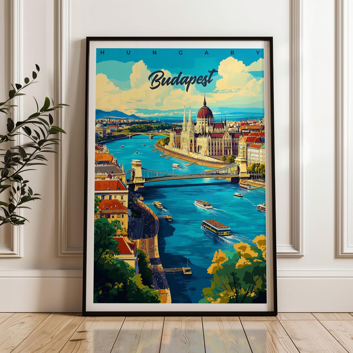 Budapest Hungary Danube Parliament Chain Bridge Retro Travel Poster