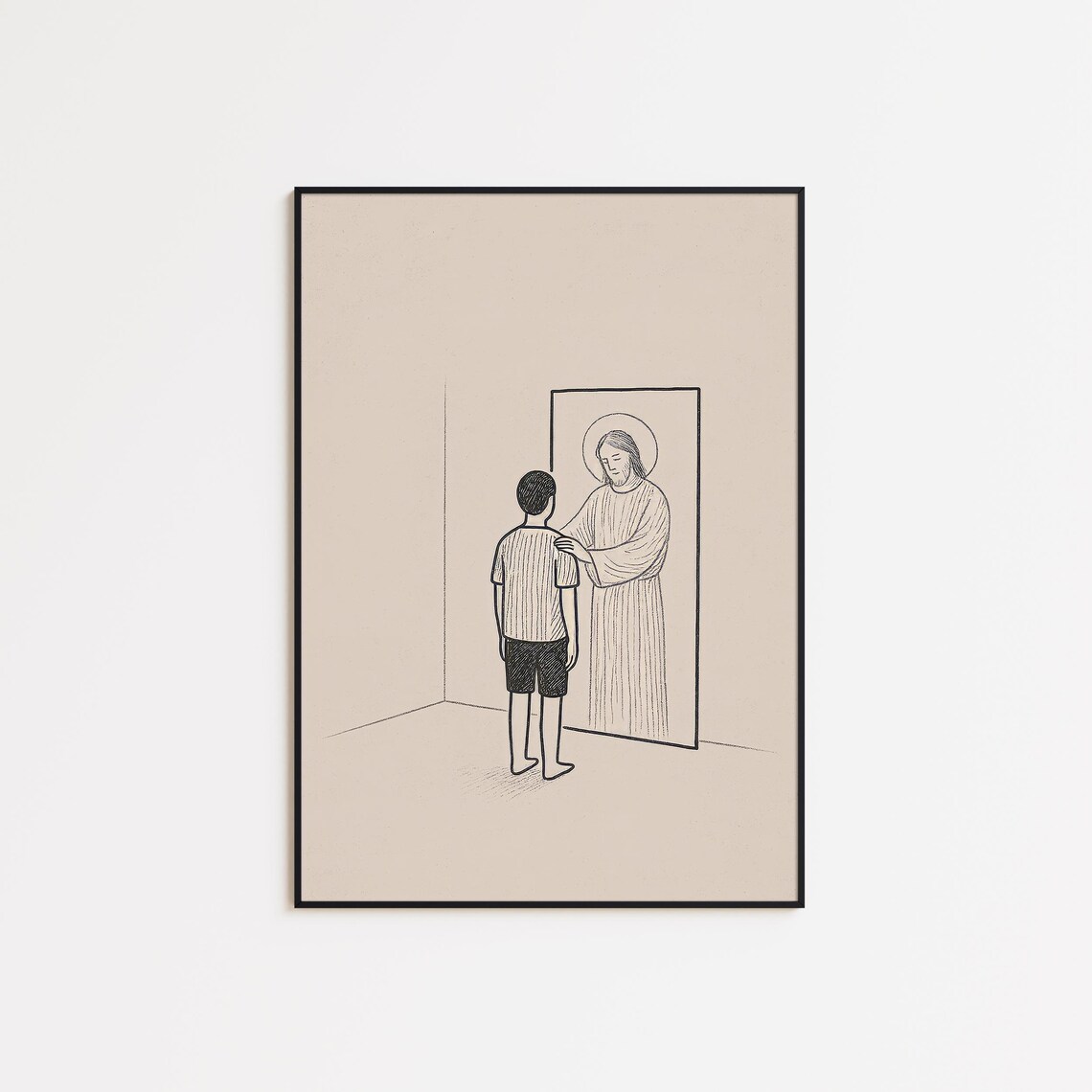 Jesus Comforting a Boy in a Doorway Minimalist Christian Poster