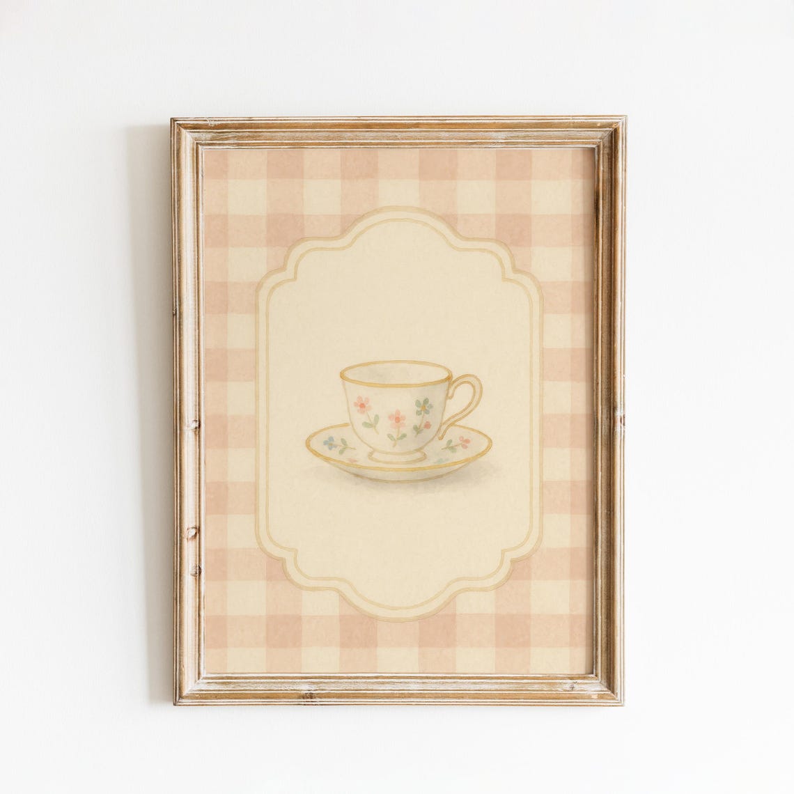 Vintage Teacup Pink Gingham Kitchen Floral Cottage Tea Poster