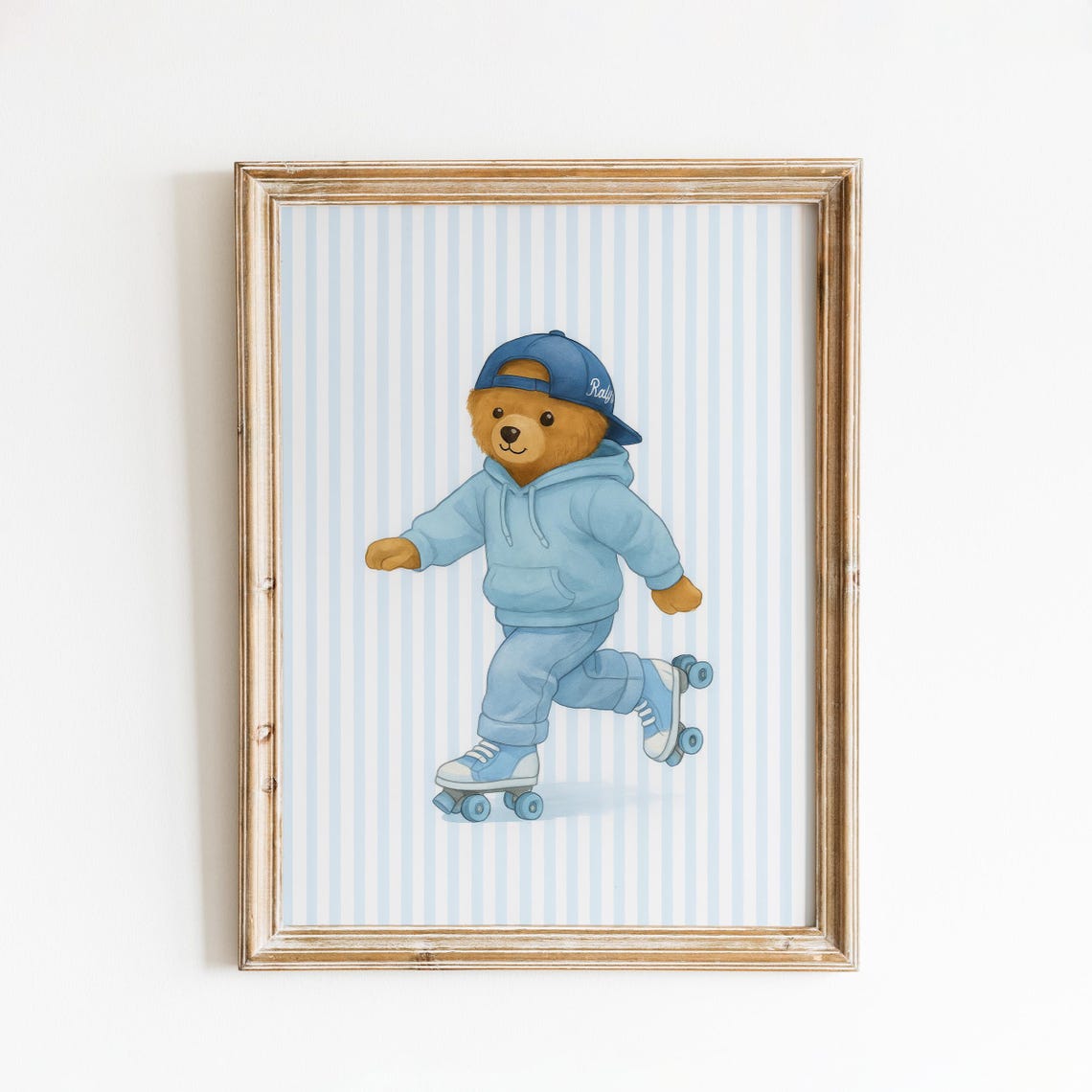 Roller Skating Teddy Bear Blue Striped Wall Art Print
