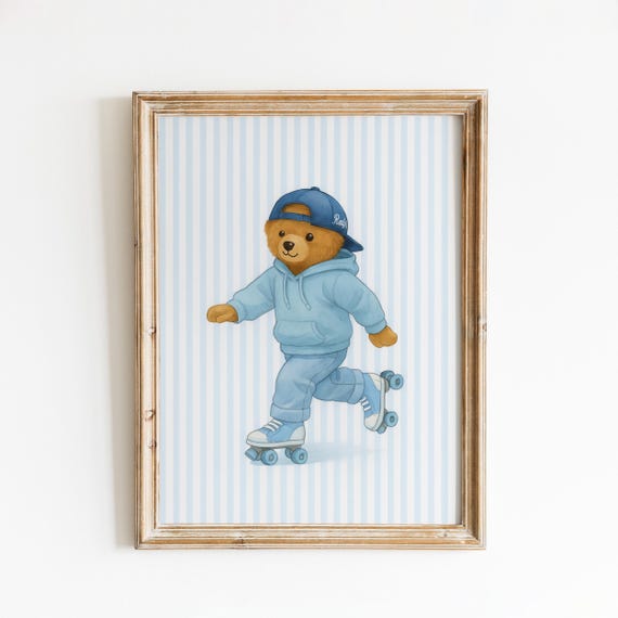 Roller Skating Teddy Bear Blue Striped Wall Art Print