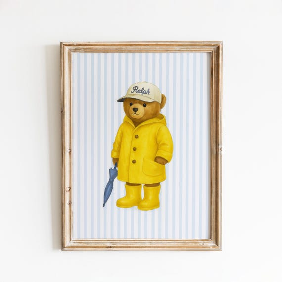 Raincoat Bear Wall Art Yellow Teddy Print For Nursery Or Playroom