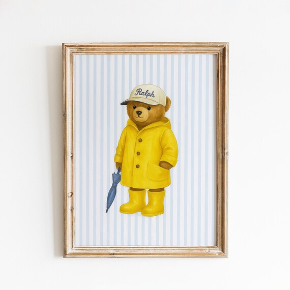 Ralph Bear Yellow Raincoat Poster With Umbrella And Boots Vintage Nursery
