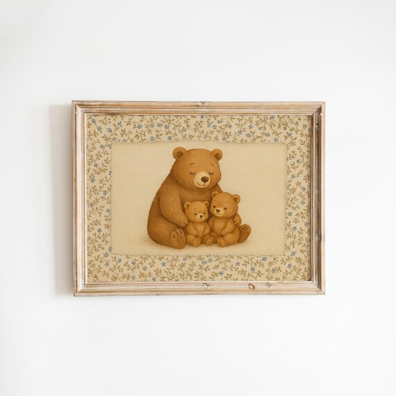 Mama Bear Hugging Two Cubs Cozy Vintage Nursery Bear Family Poster