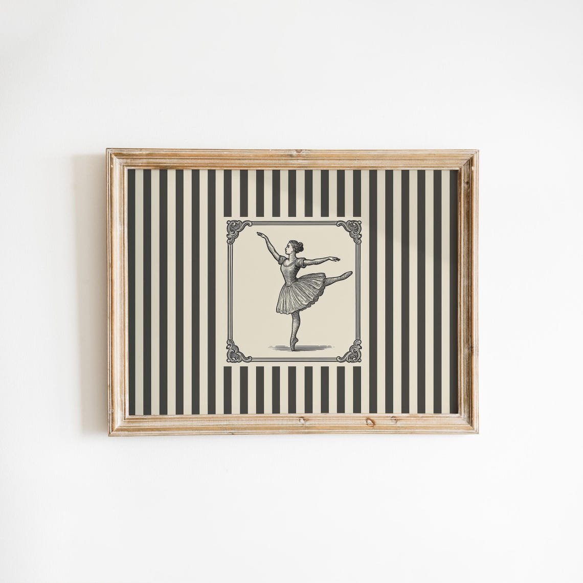 Vintage Ballerina Arabesque Engraving Black Striped Ballet Poster
