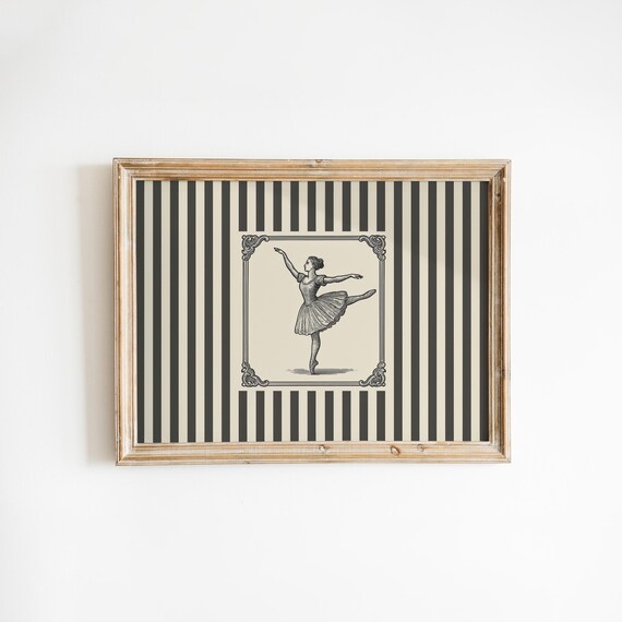 Vintage Ballerina Arabesque Engraving Black Striped Ballet Poster
