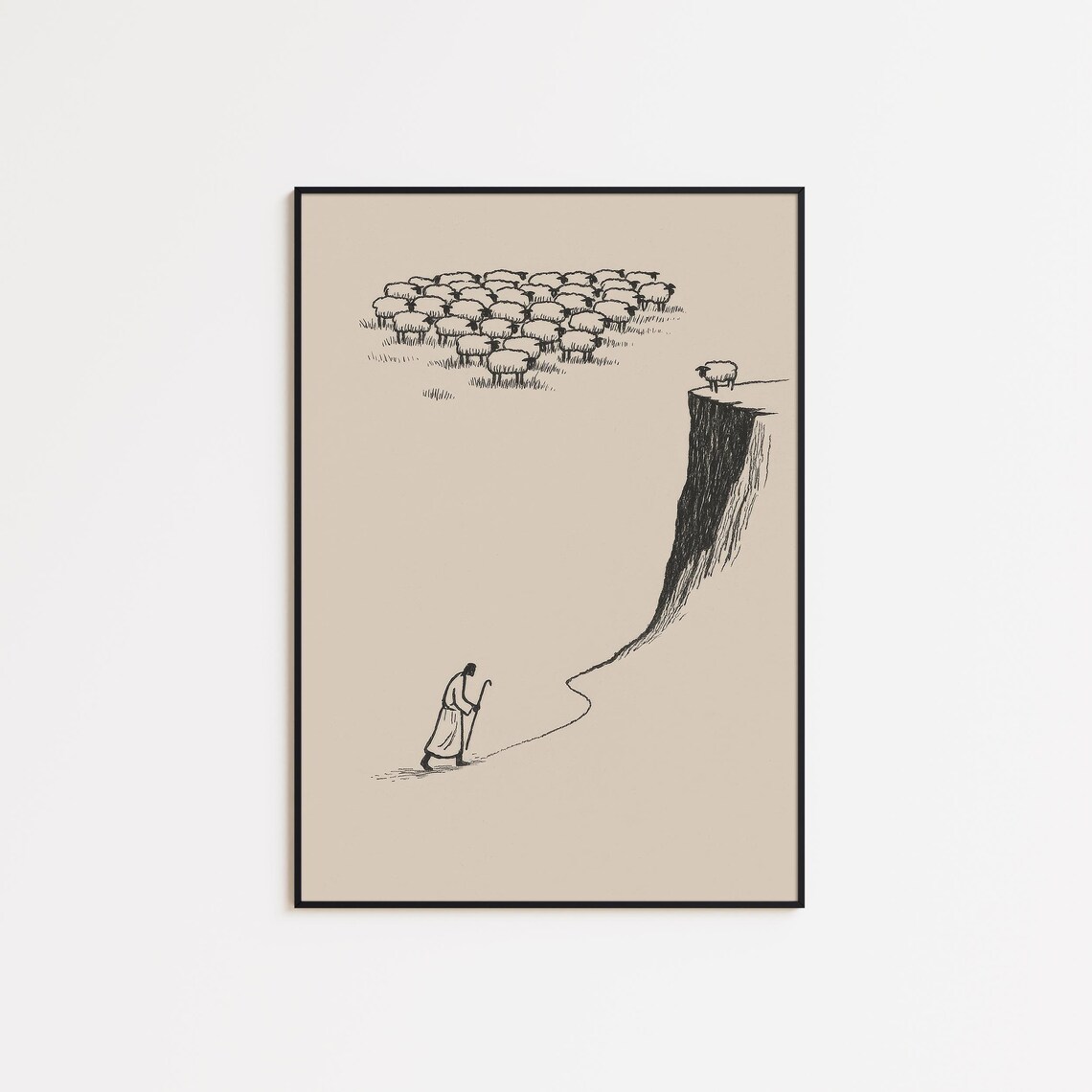 He Leaves the 99 Shepherd Lost Sheep Minimalist Faith Poster