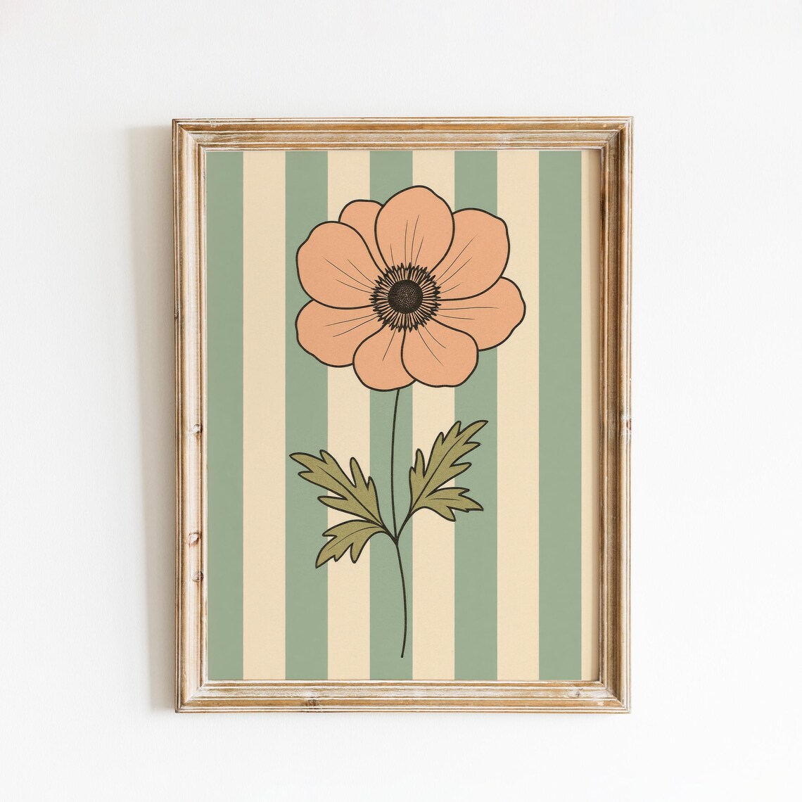 Peach Anemone Flower Dark Center Green Striped Vintage Poster