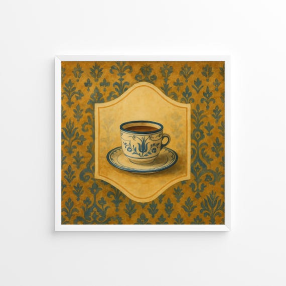 Vintage Tulip Teacup Poster Gold Blue Kitchen Wall Art Square Rustic Tea Print
