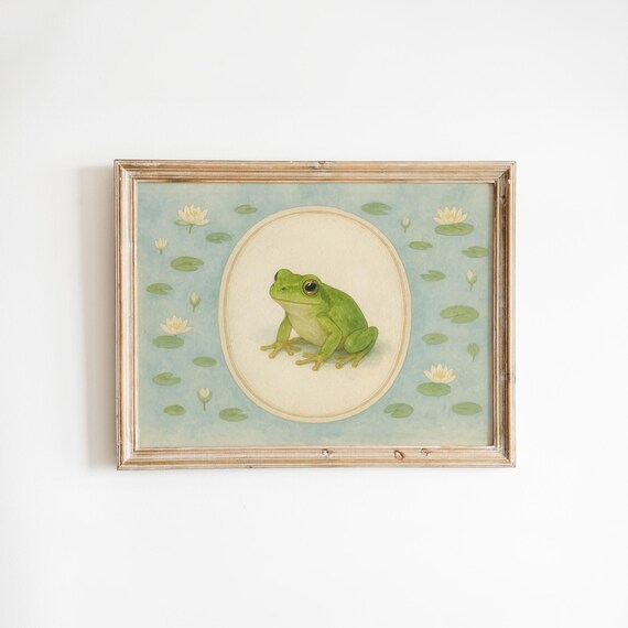 Green Frog Pond Poster With Water Lilies Vintage Botanical Oval Frame Art