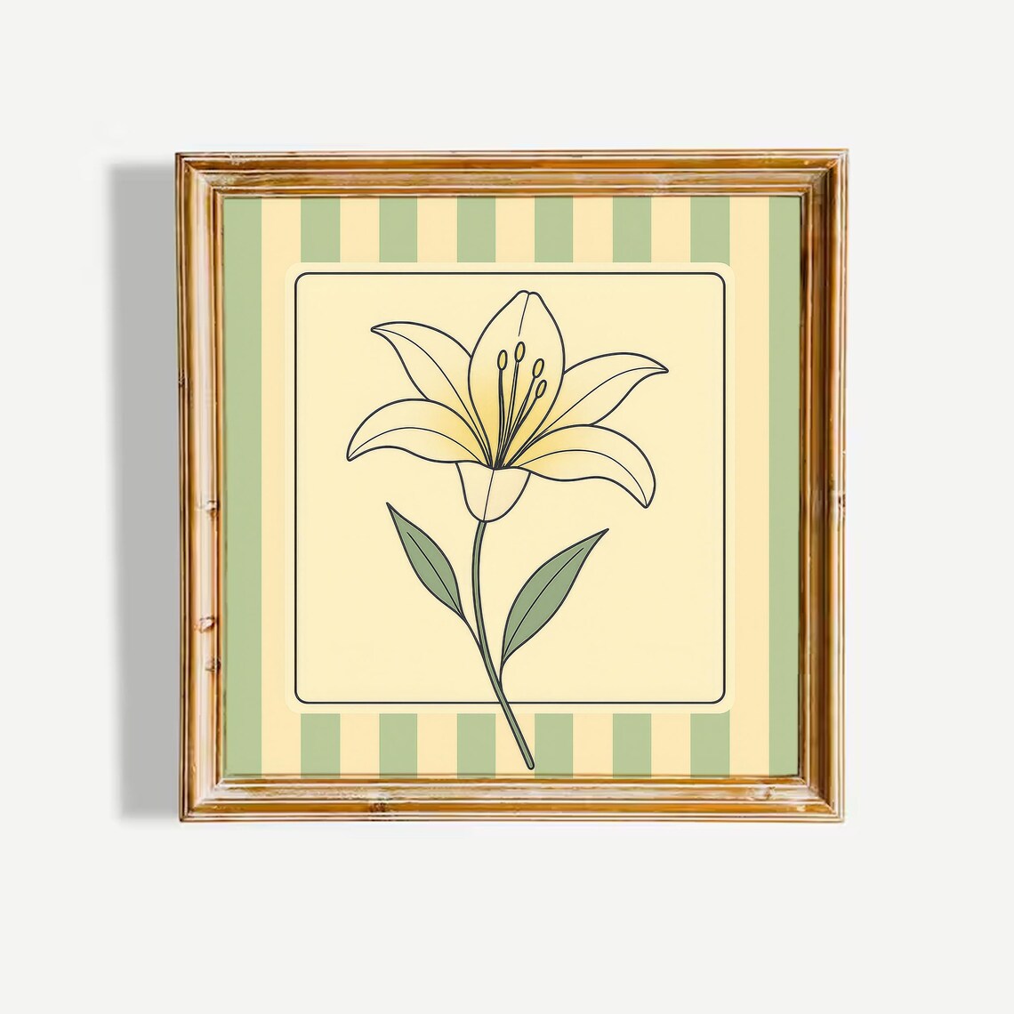 Yellow Lily Line Art Botanical Poster Green Striped Background