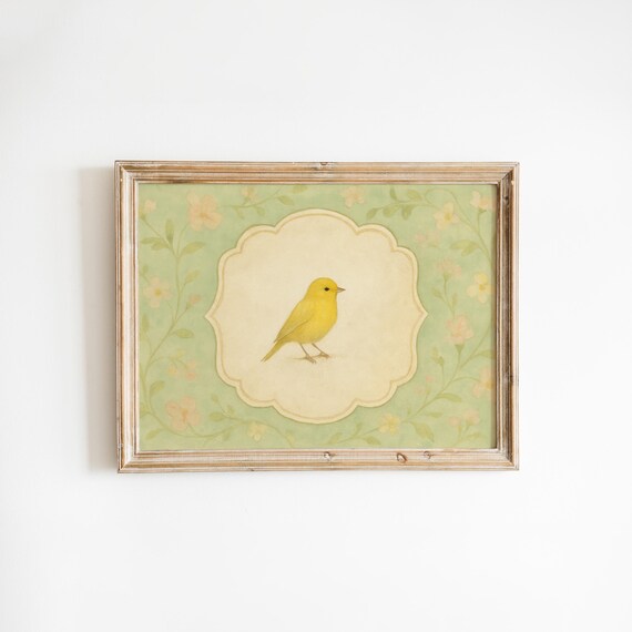 Yellow Canary Bird Green Floral Border Vintage Nursery Wall Poster
