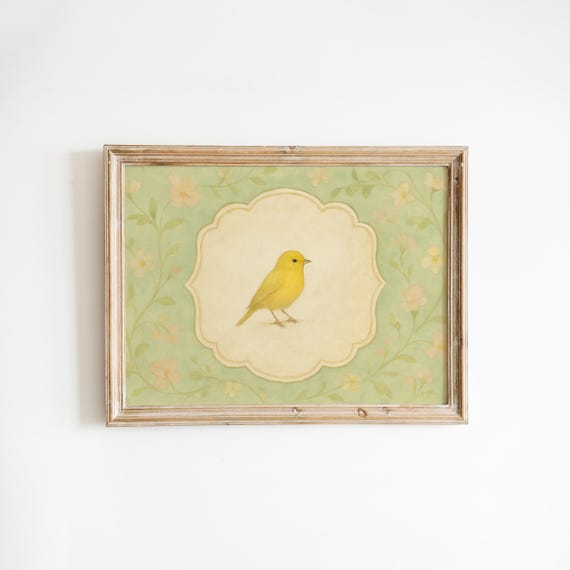 Yellow Canary Bird With Green Floral Border Vintage Nursery Wall Art
