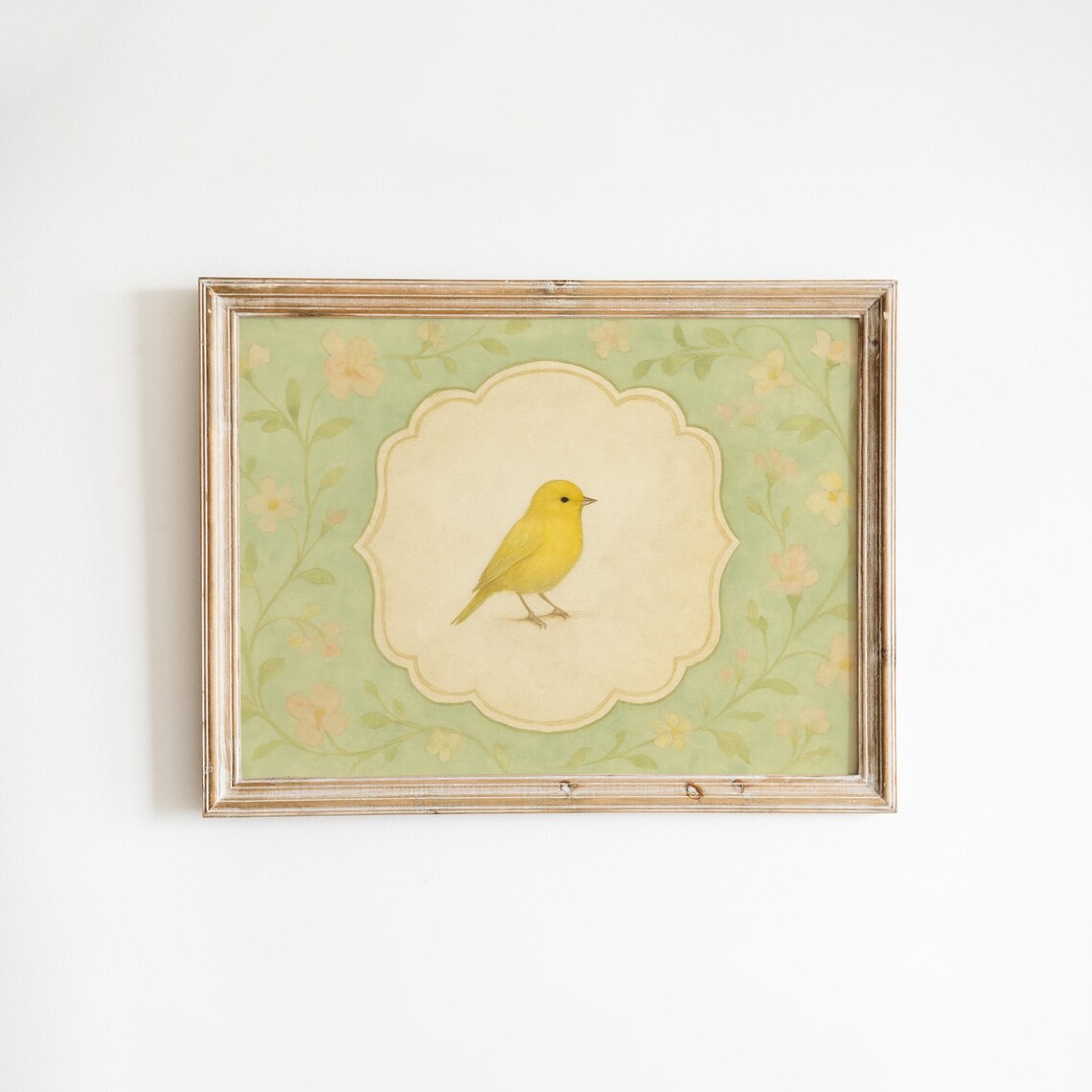 Yellow Canary Bird Green Floral Border Vintage Nursery Wall Poster